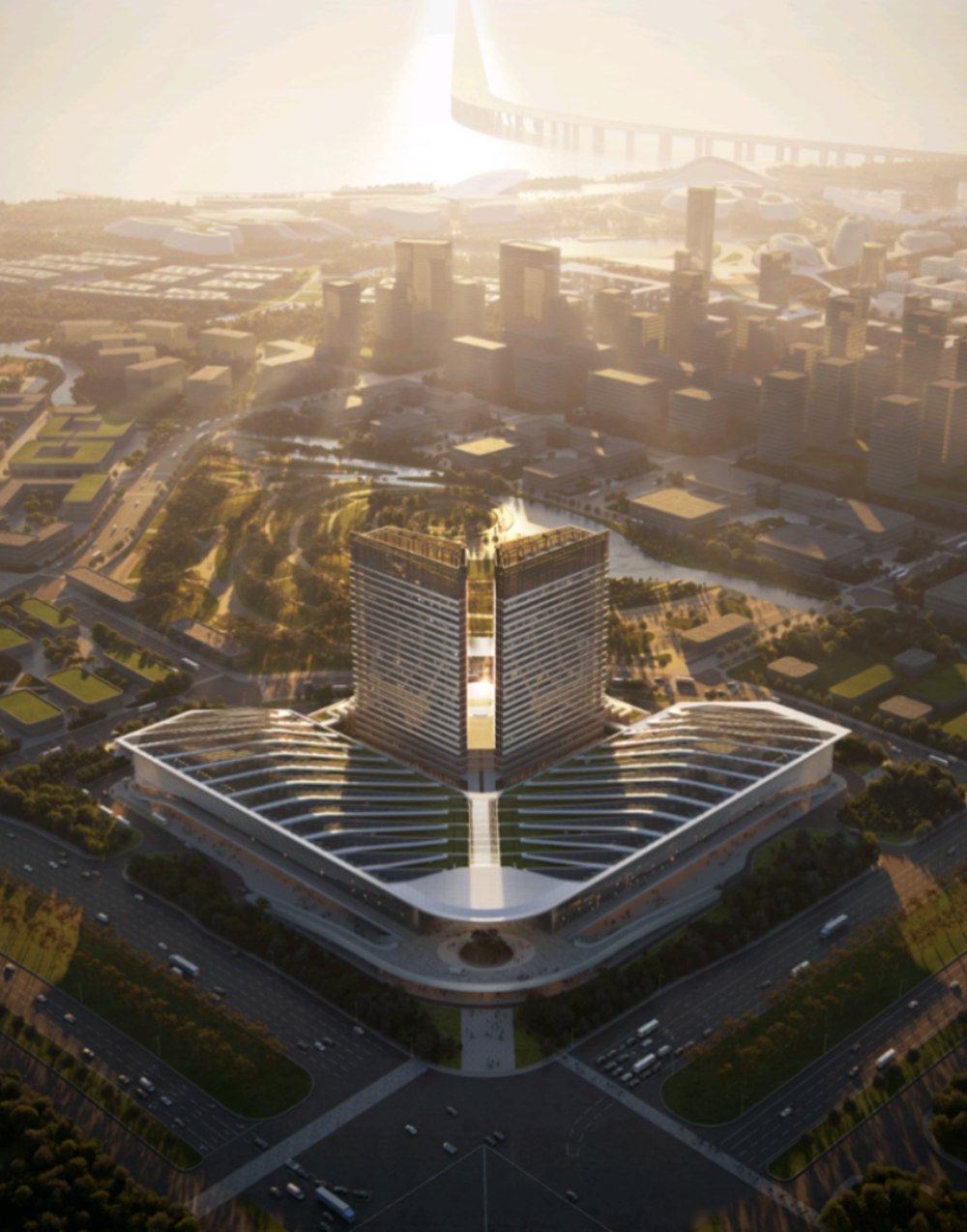 Futuristic city skyline with illuminated high-rise building.